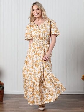 Women's Cream and Mustard Floral Maxi Dress
